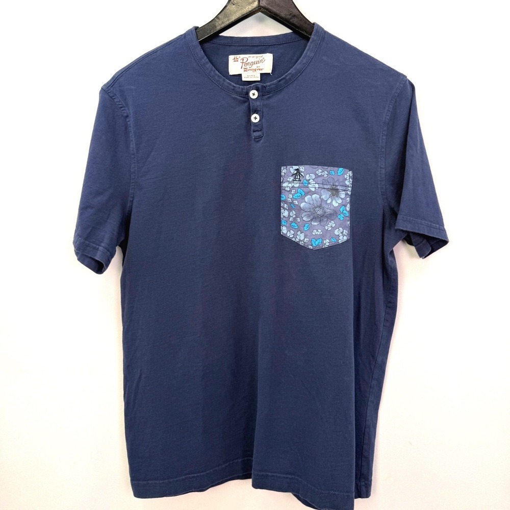 Original Penguin Navy Blue Henley Shirt Floral Pocket Mens Small Short Sleeve